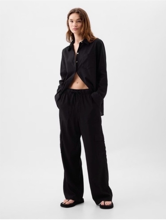 GAP Pants - GAP Black Linen-Blend‎ Wide-Leg Cargo Pull-On Pants Size Large Petite